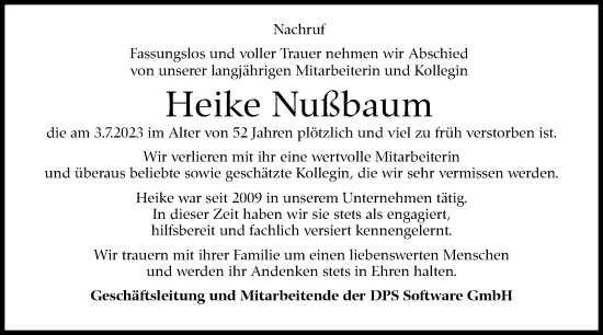 Traueranzeige von Heike Nußbaum von Kreiszeitung Böblinger Bote