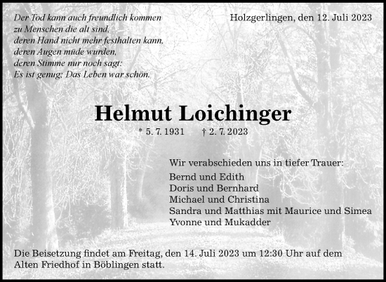 Traueranzeige von Helmut Loichinger von Kreiszeitung Böblinger Bote