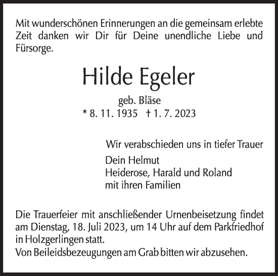 Traueranzeige von Hilde Egeler von Kreiszeitung Böblinger Bote