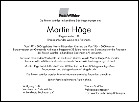 Traueranzeige von Martin Häge von Kreiszeitung Böblinger Bote