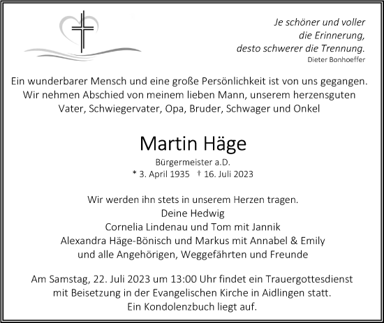 Traueranzeige von Martin Häge von Kreiszeitung Böblinger Bote