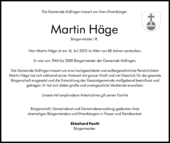 Traueranzeige von Martin Häge von Kreiszeitung Böblinger Bote