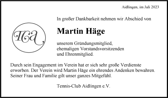 Traueranzeige von Martin Häge von Kreiszeitung Böblinger Bote