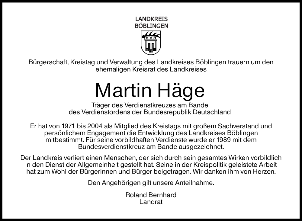  Traueranzeige für Martin Häge vom 20.07.2023 aus Kreiszeitung Böblinger Bote
