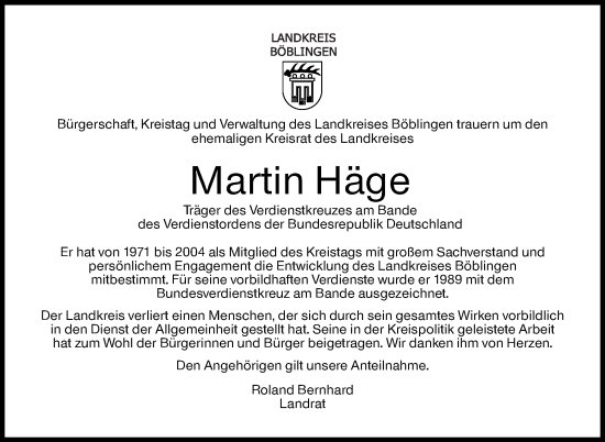 Traueranzeige von Martin Häge von Kreiszeitung Böblinger Bote