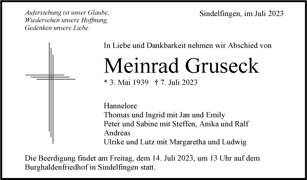 Traueranzeige für Meinrad Gruseck vom 12.07.2023 aus Kreiszeitung Böblinger Bote