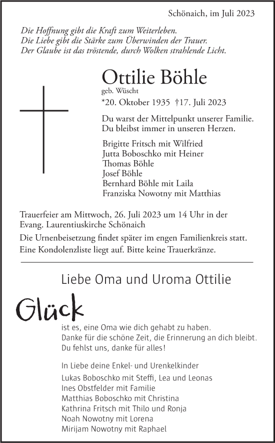 Traueranzeige von Ottilie Böhle von Kreiszeitung Böblinger Bote