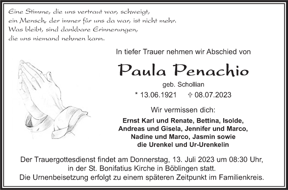  Traueranzeige für Paula Penachio vom 12.07.2023 aus Kreiszeitung Böblinger Bote
