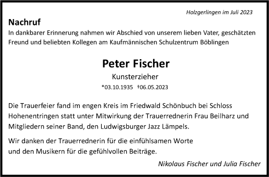 Traueranzeige von Peter Fischer von Kreiszeitung Böblinger Bote