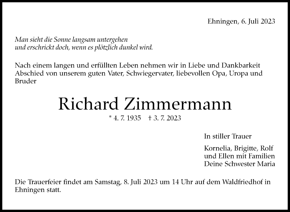  Traueranzeige für Richard Zimmermann vom 06.07.2023 aus Kreiszeitung Böblinger Bote
