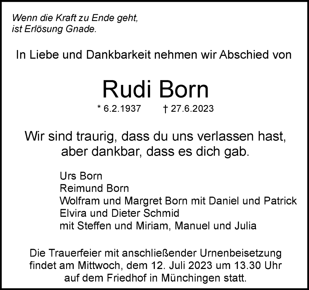  Traueranzeige für Rudi Born vom 01.07.2023 aus Kreiszeitung Böblinger Bote