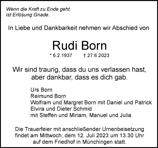 Traueranzeige von Rudi Born von Kreiszeitung Böblinger Bote