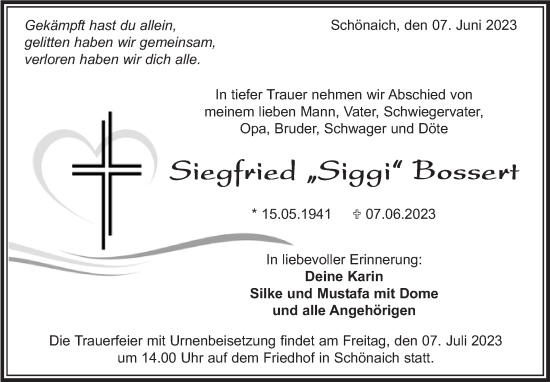 Traueranzeige von Siegfried Bossert von Kreiszeitung Böblinger Bote