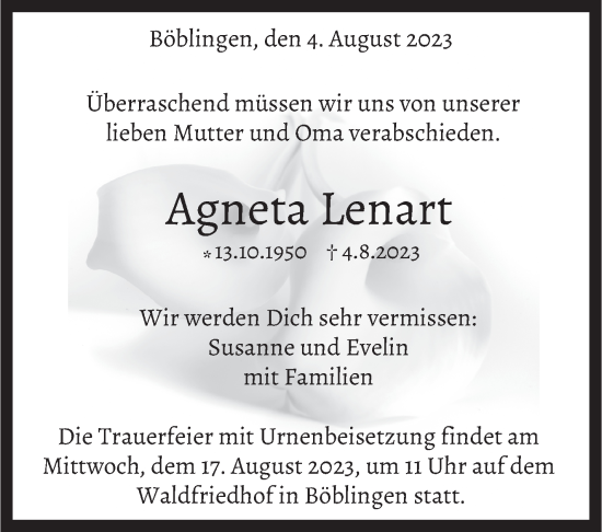 Traueranzeige von Agneta Lenart von Kreiszeitung Böblinger Bote