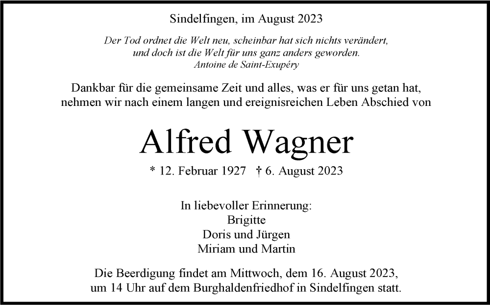  Traueranzeige für Alfred Wagner vom 15.08.2023 aus Kreiszeitung Böblinger Bote