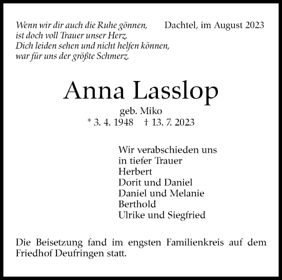 Traueranzeige von Anna Lasslop von Kreiszeitung Böblinger Bote