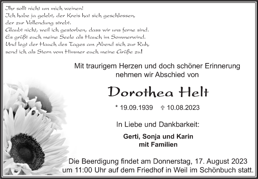  Traueranzeige für Dorothea Helt vom 15.08.2023 aus Kreiszeitung Böblinger Bote