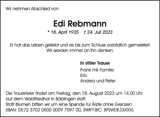 Traueranzeige von Edi Rebmann von Kreiszeitung Böblinger Bote