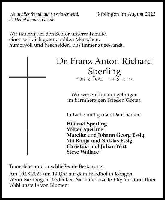 Traueranzeige von Franz Anton Richard Sperling von Kreiszeitung Böblinger Bote
