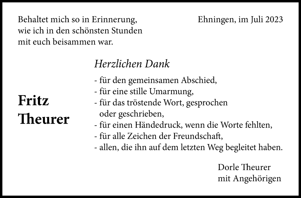  Traueranzeige für Fritz Theurer vom 03.08.2023 aus Kreiszeitung Böblinger Bote