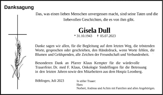 Traueranzeige von Gisela Dull von Kreiszeitung Böblinger Bote