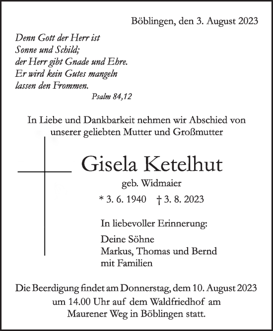 Traueranzeige von Gisela Ketelhut von Kreiszeitung Böblinger Bote