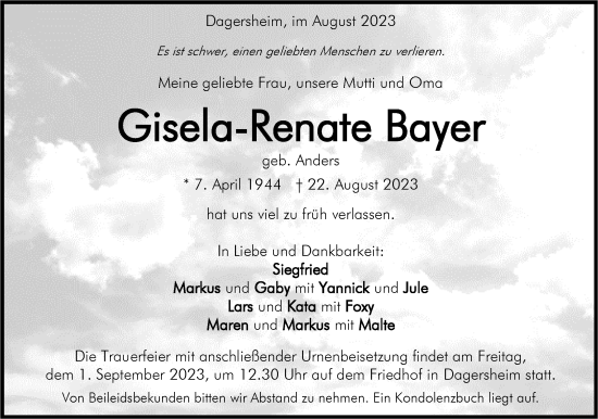 Traueranzeige von Gisela-Renate Bayer von Kreiszeitung Böblinger Bote