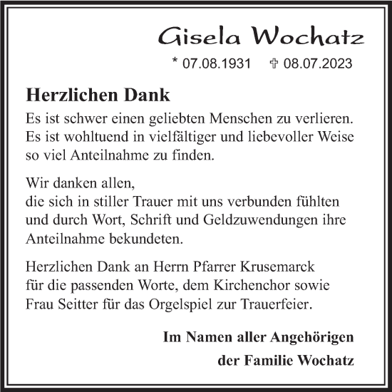 Traueranzeige von Gisela Wochatz von Kreiszeitung Böblinger Bote