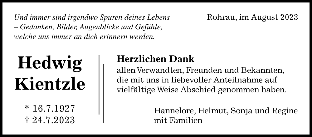  Traueranzeige für Hedwig Kientzle vom 15.08.2023 aus Kreiszeitung Böblinger Bote