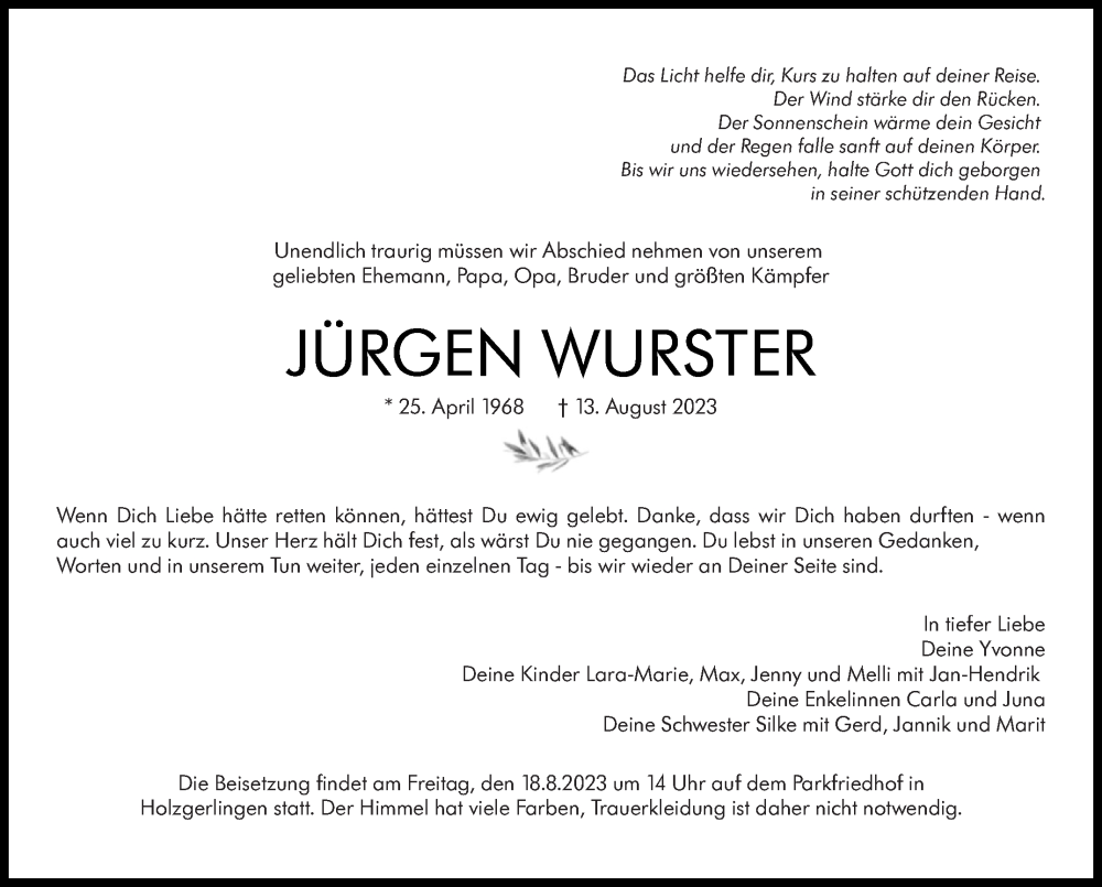  Traueranzeige für Jürgen Wurster vom 16.08.2023 aus Kreiszeitung Böblinger Bote