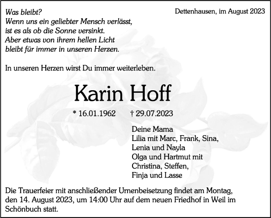 Traueranzeige von Karin Hoff von Kreiszeitung Böblinger Bote