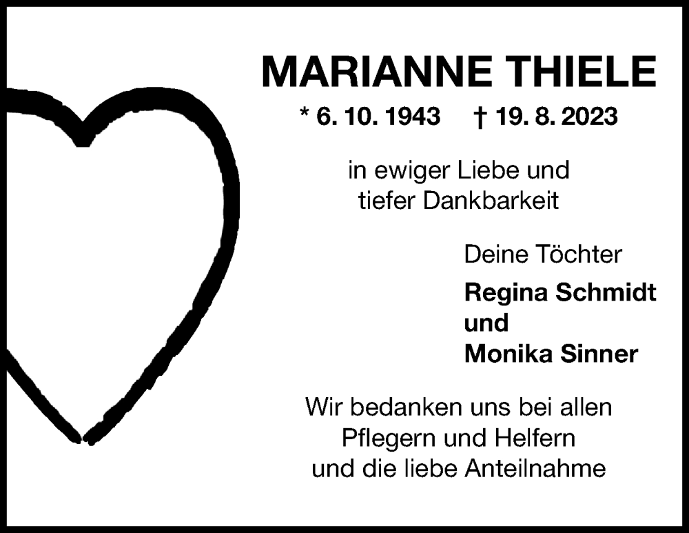  Traueranzeige für Marianne Thiele vom 26.08.2023 aus Kreiszeitung Böblinger Bote