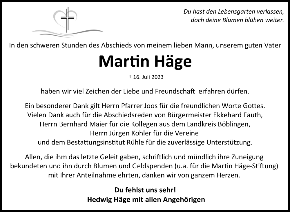  Traueranzeige für Martin Häge vom 16.08.2023 aus Kreiszeitung Böblinger Bote