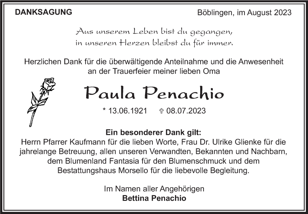  Traueranzeige für Paula Penachio vom 01.08.2023 aus Kreiszeitung Böblinger Bote