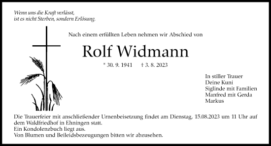 Traueranzeige von Rolf Widmann von Kreiszeitung Böblinger Bote