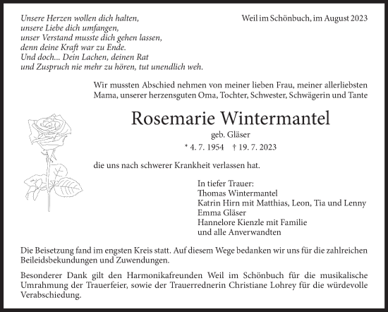 Traueranzeige von Rosemarie Wintermantel von Kreiszeitung Böblinger Bote