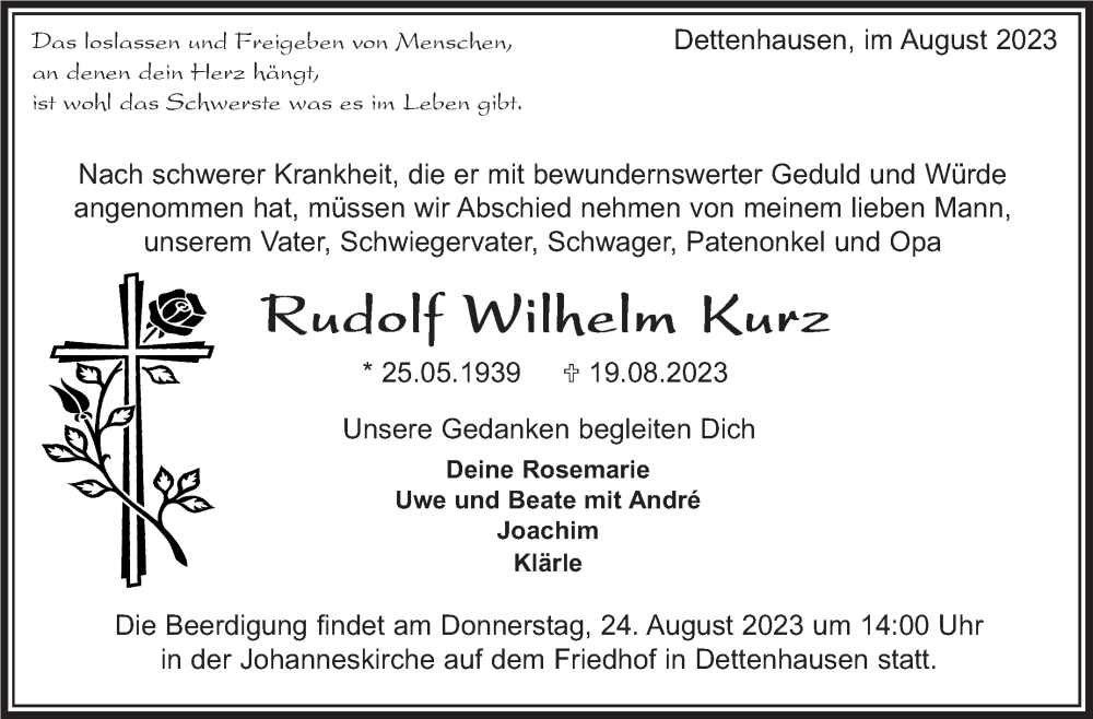  Traueranzeige für Rudolf Wilhelm Kurz vom 23.08.2023 aus Kreiszeitung Böblinger Bote