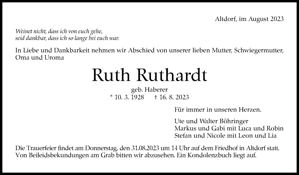  Traueranzeige für Ruth Ruthardt vom 28.08.2023 aus Kreiszeitung Böblinger Bote