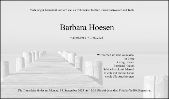 Traueranzeige von Barbara Hoesen von Kreiszeitung Böblinger Bote