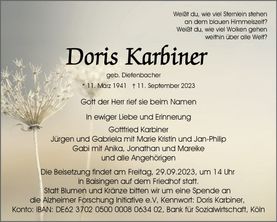 Traueranzeige von Doris Karbiner von Kreiszeitung Böblinger Bote
