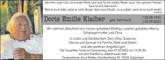 Traueranzeige von Doris Emilie Klaiber von Kreiszeitung Böblinger Bote