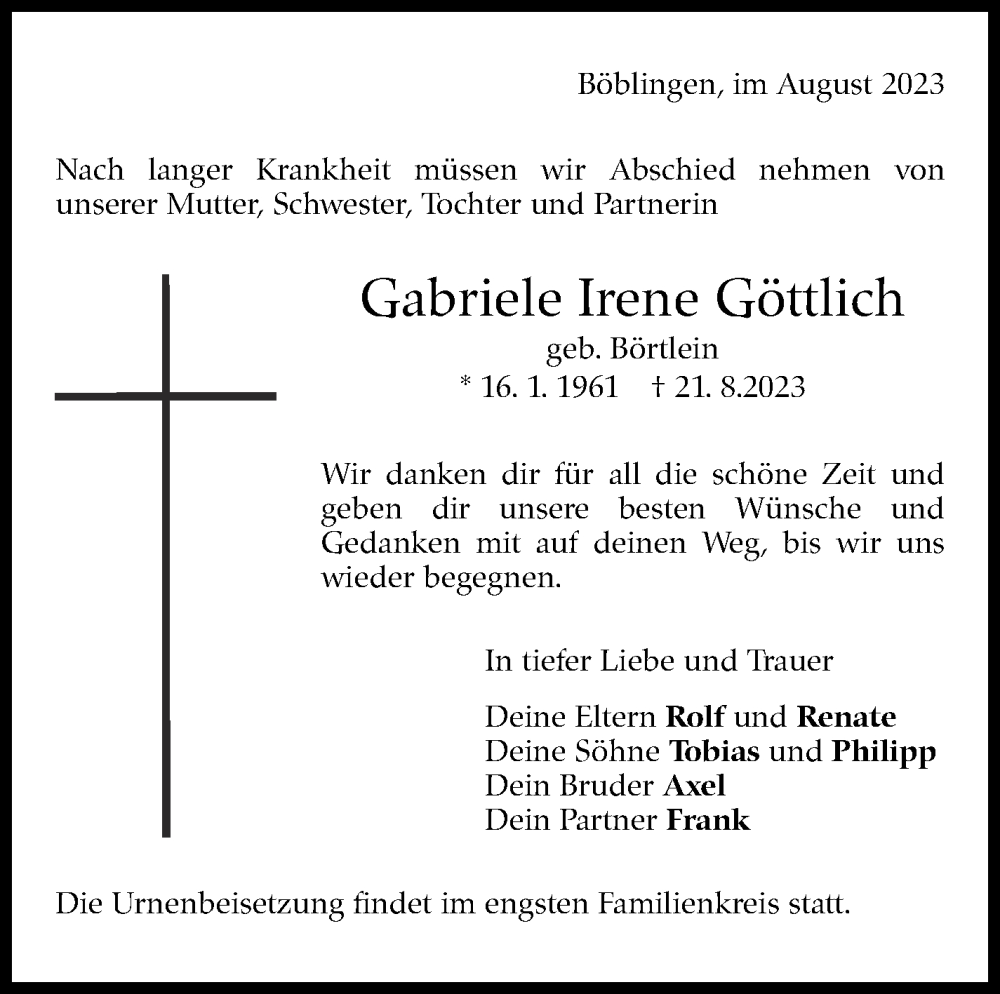  Traueranzeige für Gabriele Irene Göttlich vom 31.08.2023 aus Kreiszeitung Böblinger Bote