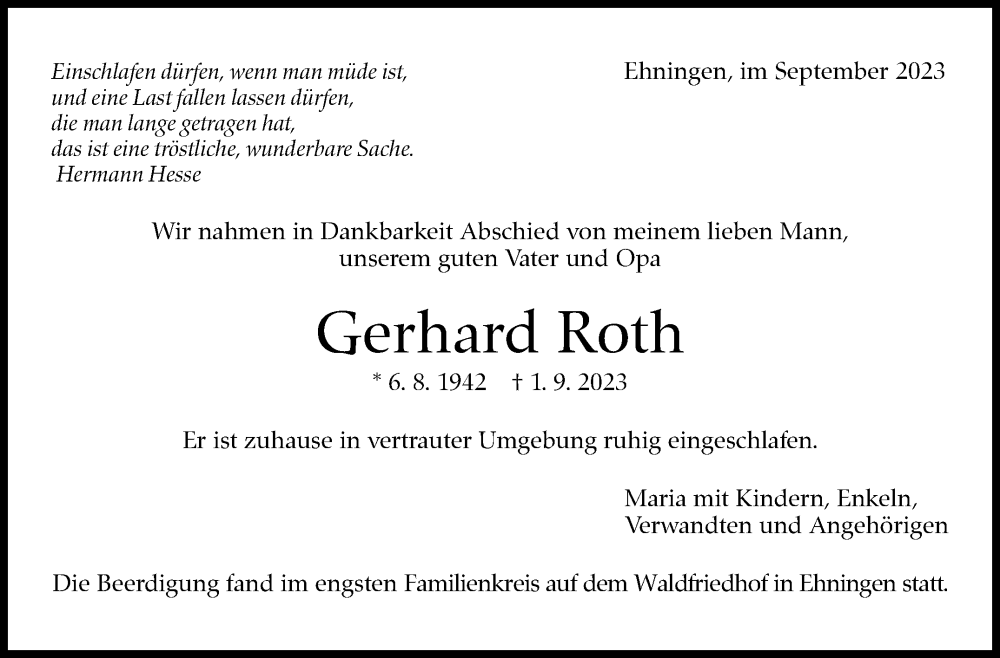  Traueranzeige für Gerhard Roth vom 19.09.2023 aus Kreiszeitung Böblinger Bote