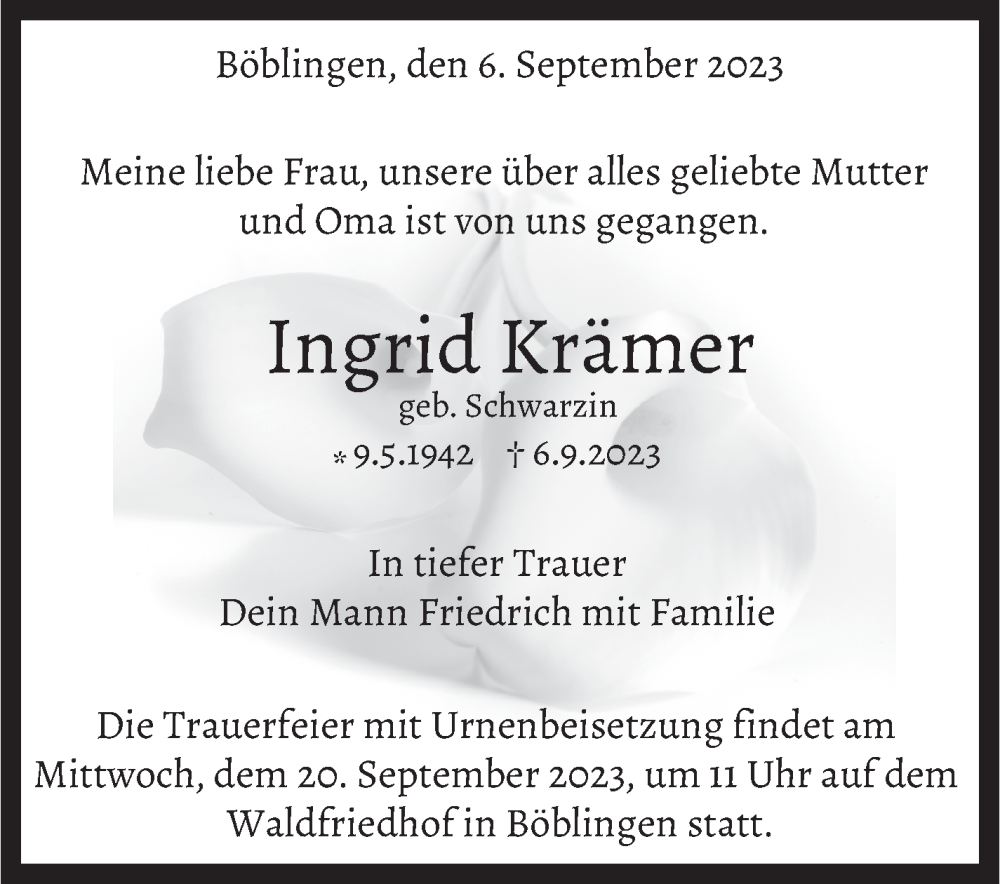  Traueranzeige für Ingrid Krämer vom 16.09.2023 aus Kreiszeitung Böblinger Bote