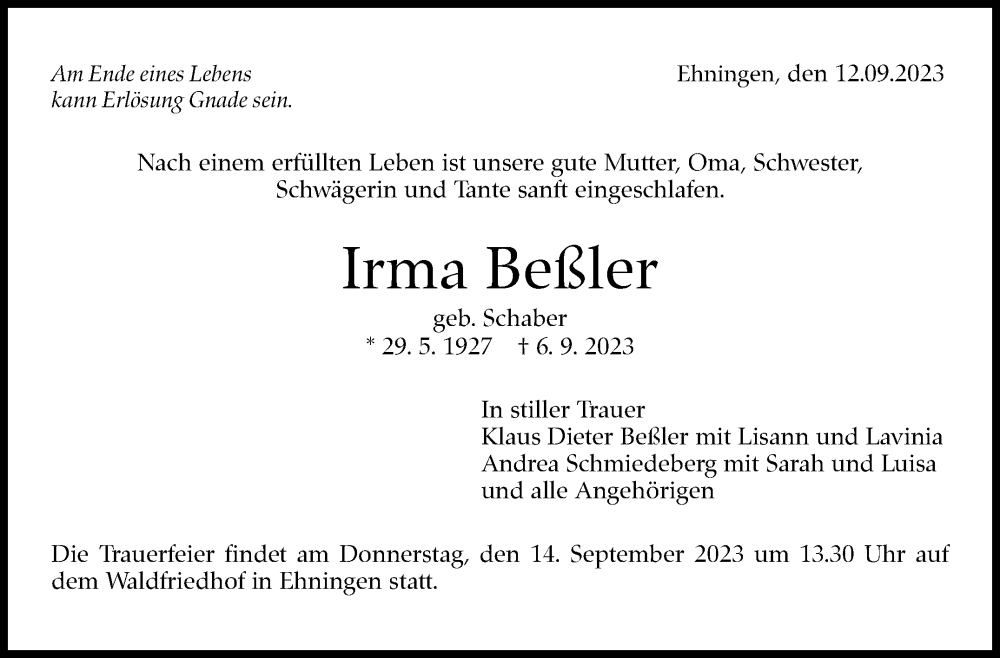  Traueranzeige für Irma Beßler vom 12.09.2023 aus Kreiszeitung Böblinger Bote