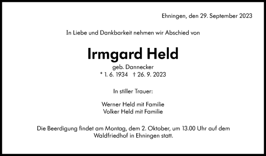Traueranzeige von Irmgard Held von Kreiszeitung Böblinger Bote