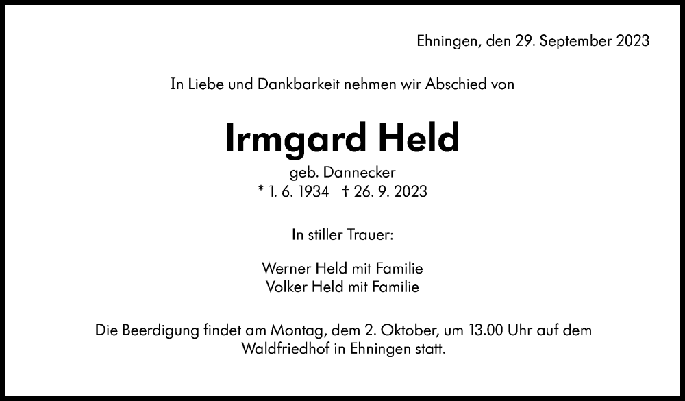  Traueranzeige für Irmgard Held vom 29.09.2023 aus Kreiszeitung Böblinger Bote