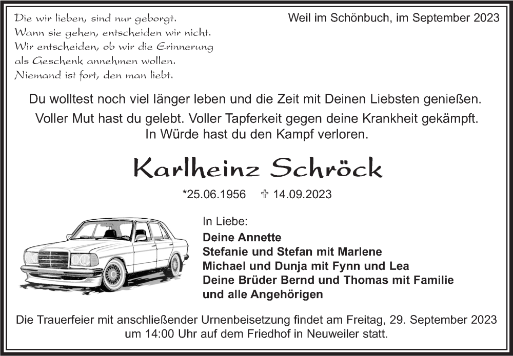  Traueranzeige für Karlheinz Schröck vom 21.09.2023 aus Kreiszeitung Böblinger Bote