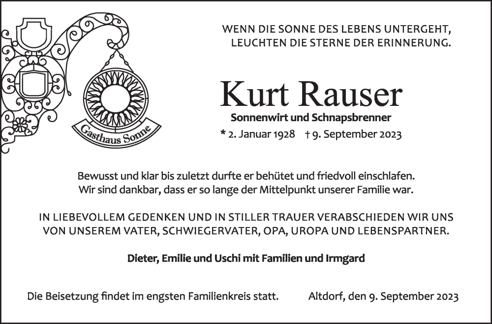  Traueranzeige für Kurt Rauser vom 21.09.2023 aus Kreiszeitung Böblinger Bote