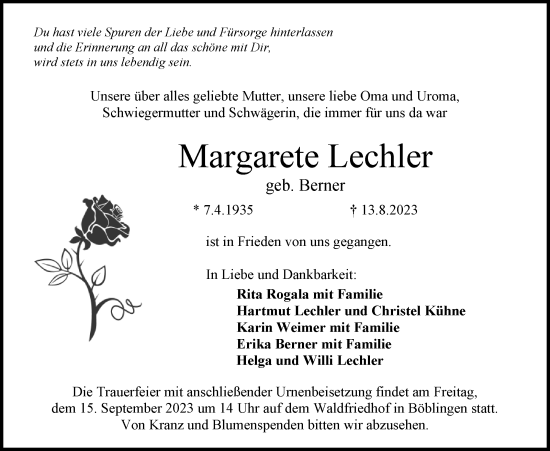 Traueranzeige von Margarete Lechler von Kreiszeitung Böblinger Bote